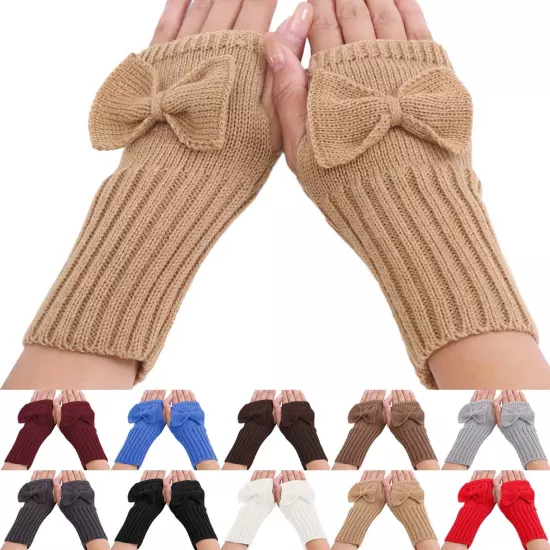 Short Bow Fingerless Gloves Autumn Winter Women's Solid Wrist Knitted Wool Glove