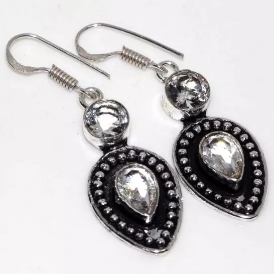 Crystal Topaz 925 Silver Plated Long Gemstone Earrings 2" Jewelry Gift JW