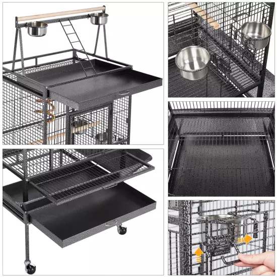 68.5'' Play Top Parrot Cage Metal Rolling Birdcage, Black