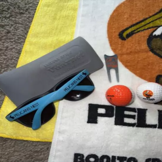 Rare Pelicans Nest Set! 2 PING EYE Karsten GOLF BALLs Orange Divot Tool Sunglass