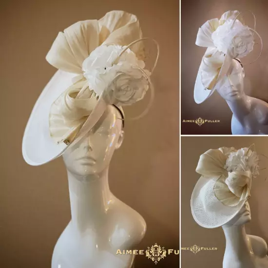 Kentucky Derby Fascinator Pink Satin Ivory White Rose Hat Royal Ascot Bridal Hat