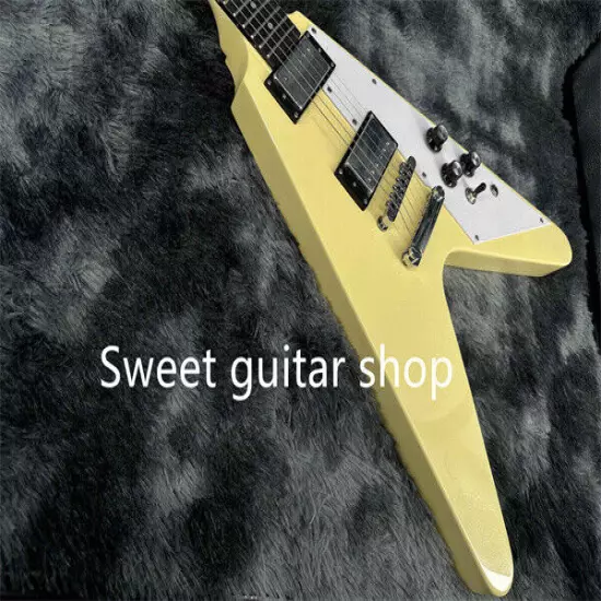 Yellow Flying V Electric Guitar Fixed Bridge Solid Body White Pickguard 6-string