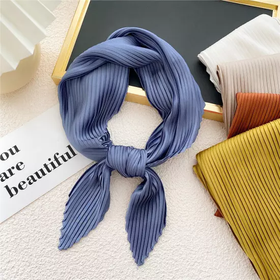 Women's Square Silk Pleated Head Hair Neck Scarf Satin Neckerchief Scarf