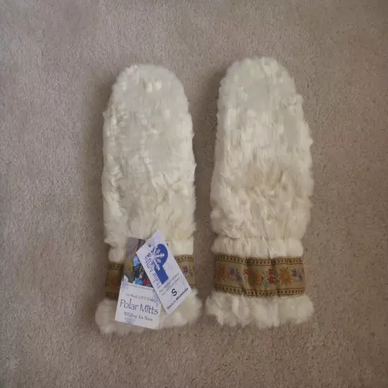 POLAR MITTS Faux Fur Mittens Nordic Trim Cream Ivory Off White Sz S Made in USA