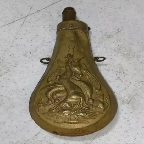 Vintage Gun Powder Flask Copper & Brass Patina Hunting Rabbit & birds