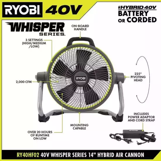 40V 14 in. Cordless Hybrid WHISPER SERIES Air Cannon Fan