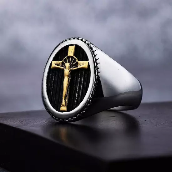 Vintage Jesus Cross Oval Signet Ring Stainless Steel Men Women Fashion Punk Ring