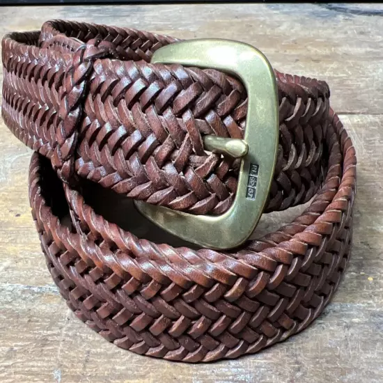 Vintage POLO Ralph Lauren 44 Brown Leather Woven Braided Belt Brass Men’s