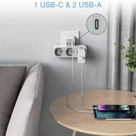 USB Plug Adapter, 6 in 1 Sockets Tee with 3 Sockets, 2 USB-A & 1 Type C Port