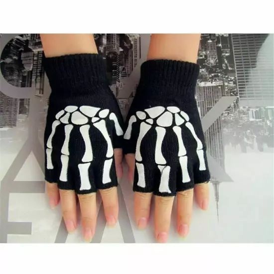 Gothic Knitted Black with White Skeleton Bones Fingerless Gloves... Punk U5U6