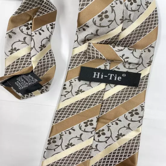 Hi-Tue Gold Beige Floral Paisley and Striped Repp Silk Tie 3" x 59"