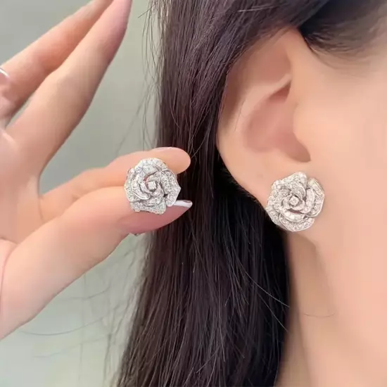 Silver Rose Flower Stud Earrings 925 Silver Plated Women Fashion Jewelry