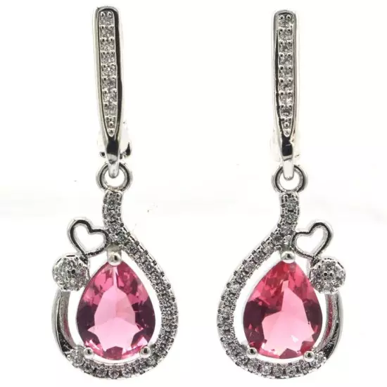 Gorgeous Pink Tourmaline White CZ Woman's Wedding Silver Earrings 