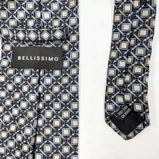 Bellissimo Silver Gray Geometric Square Diamond Repp Necktie Silk Tie 3.8" x 59"