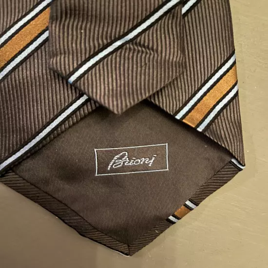 BRIONI Diagonal Stripe Silk Tie ~ Brown , Copper , Blue/Silver Made in Italy