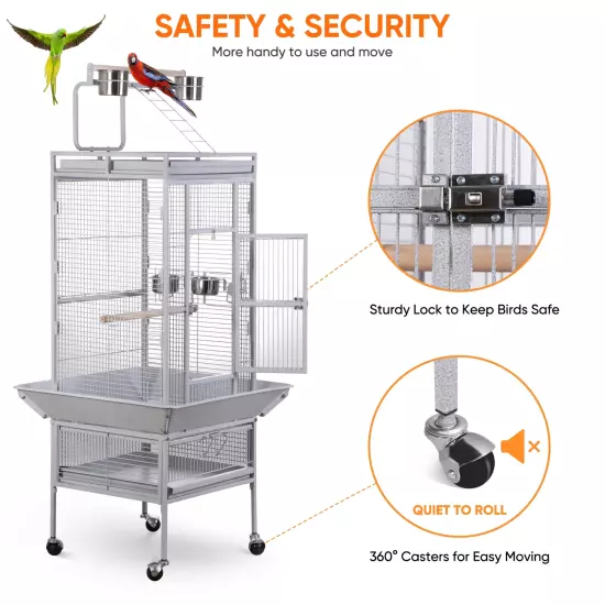 61" Large Bird Cage with Rolling Stand for Parrot Cockatoo Pet House Wrought Iro