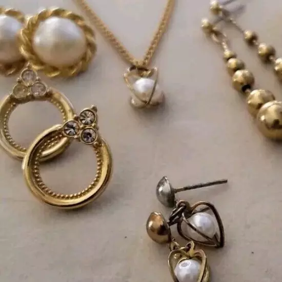 15pc. Lot | Pierced Earrings Necklace | Pearl Hoops | Gold-tone | Rhinestones