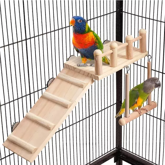 Bird Perches Platform Swing with Climbing Ladder, Parakeet Cage burlywood 