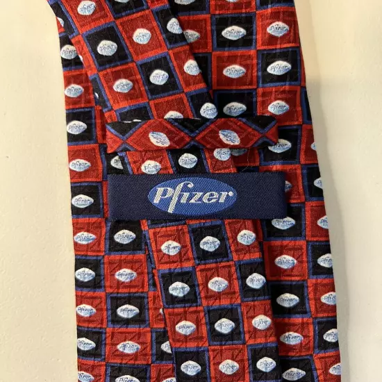 New In Bag Pfizer Viagra Tie Red Geometric Blue Pattern Printed Silk Necktie