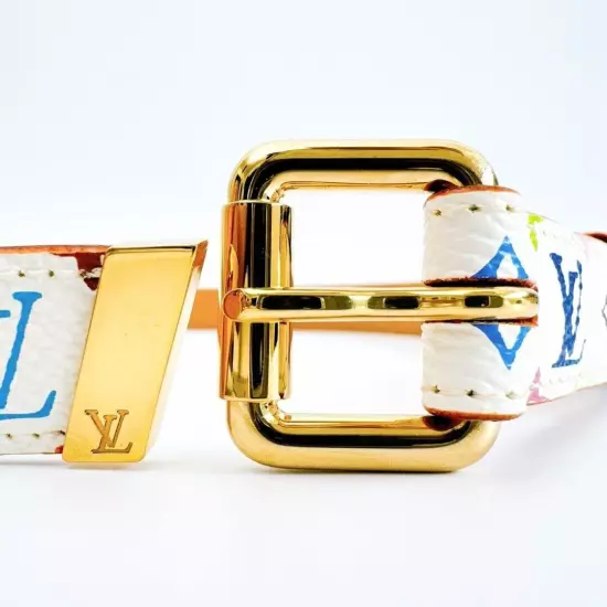 LOUIS VUITTON Belt M9272U Santur Carre Monogram Multicolor White PVC Auth YK551