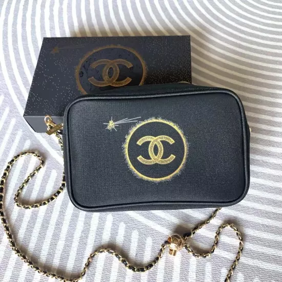 CHANEL novelty new Pouch Gold lame Black with chain box Vip