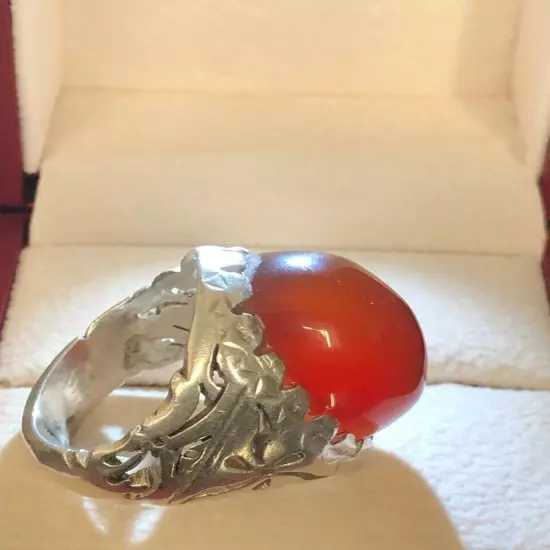 Agate Ring Men Silver 990,Yemen,Aqeeq,,Rare,Royal,Luxuryخاتم عقيق يمني كبدي فحل