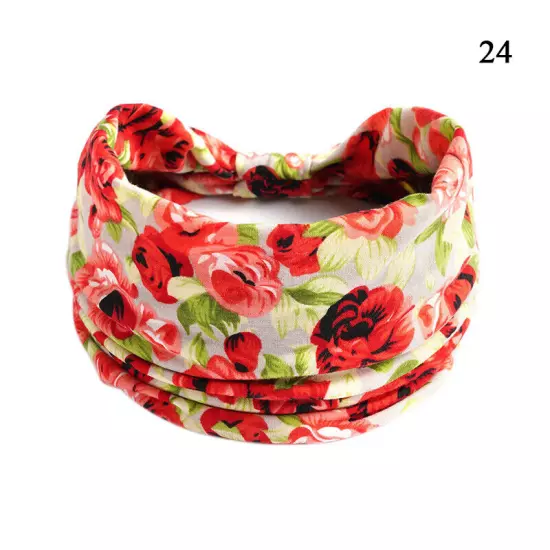 Women Boho Flower Print Wide Headband Vintage Knot Elastic Turban Headwrap *