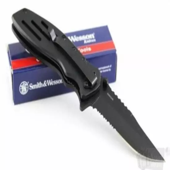 Smith & Wesson Folding Knife W/ Serrated Clip Point Blade and Aluminum Handle