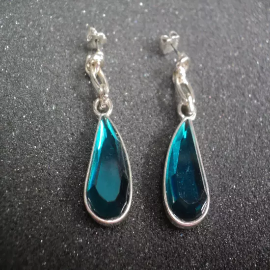 Dark Turquoise Glass Earrings in Silver-Toned Settings PIERCED POST Dangles Vtg