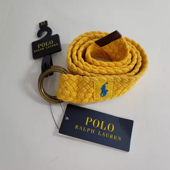 Polo Ralph Lauren Leather-Trim Canvas Belt Men Medium Yellow Double D Ring Braid