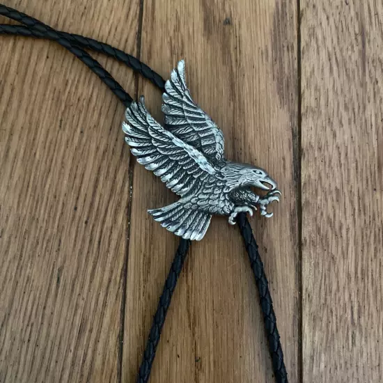 Vintage Pewter Flying Eagle Lariat Braided Western Necklace 1999