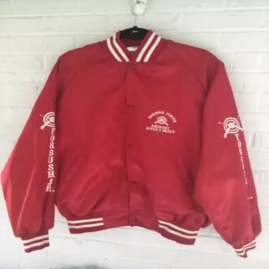 VTG FORBUSH JUNIOR RED SATIN BOMBER ARCHERY SKEET RIFLE CLUB USA JACKET MENS XL 