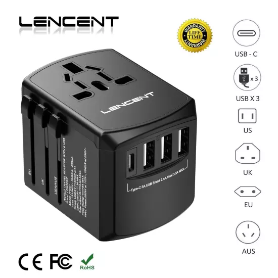 Universal Travel Adapter Worldwide Multi Plug UK EU AU US 3 USB Type C charger