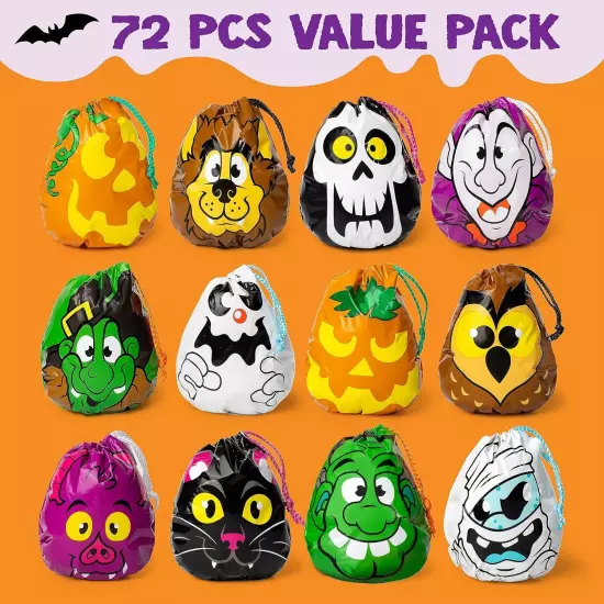 JOYIN 72PCS Halloween Drawstring Goody Bags for Treats Multi Color 