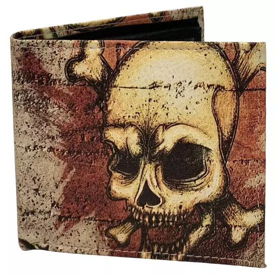 Skull & Crossbones Men's Wallet Bi-Fold Faux Leather 6 Credit Card Slots & Flap