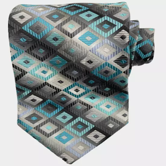 Croft & Barrow Teal Silver Gray Geometric Silk Necktie Tie Men's 3.5" x 58"