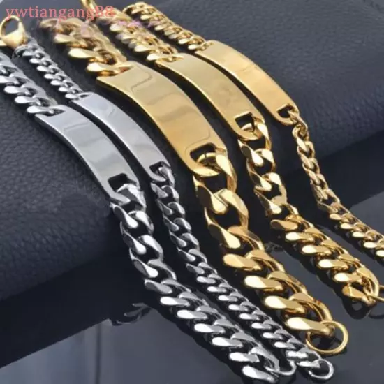 8/10/15mm Silver/Gold 316L Stainless Steel Curb ID Chain Bracelet Mens Jewelry