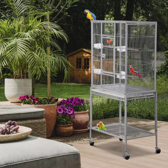 53" Parakeet Bird Cage Parrot Flight Cage Wrought Iron Rolling Stand White/Black