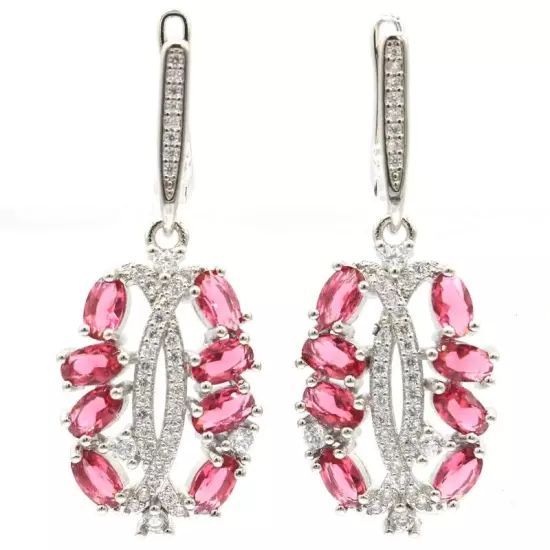 Gorgeous Pink Tourmaline White CZ Women Engagement Silver Earrings 