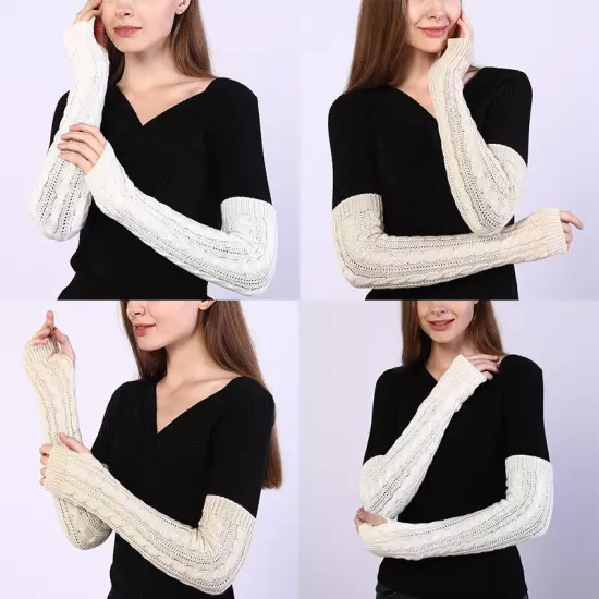 Women Long Half Finger Fingerless Gloves Arm Hand Warmer Knitted Mittens Winter