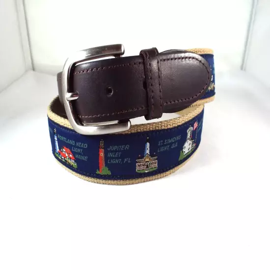 EUC The Belted Cow Co. East Coast Lighthouse Leather/Cotton 1 3/8" Belt Sz 36