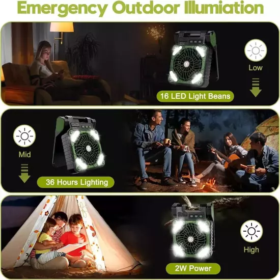 Portable Solar Powered Camping Fan USB Rechargeable Variable Speed w/ LED Light