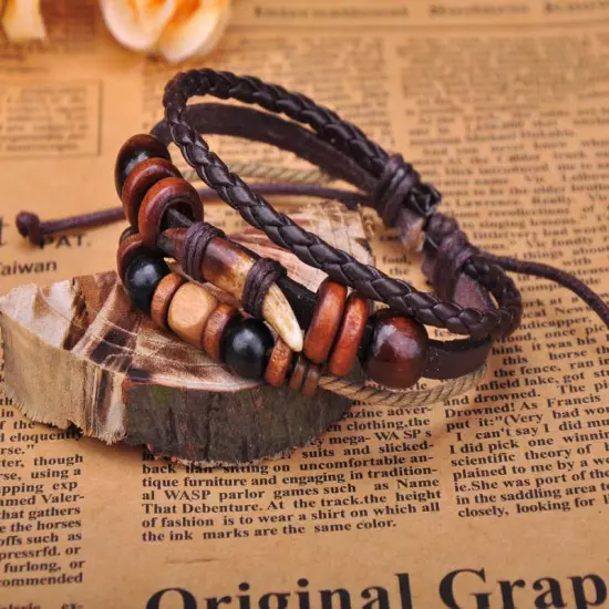 G276 Brown Cool Beach Leather Hemp Wood Beads Tooth Bangle Bracelet Cuff Men's