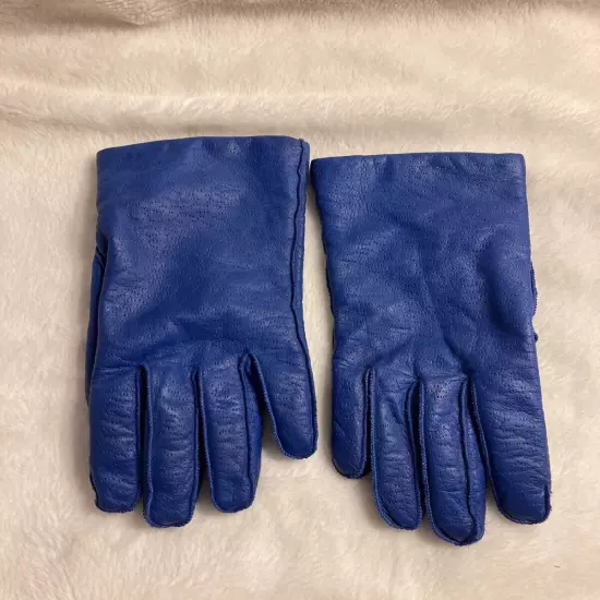 Leather Cobalt Blue Lined Gloves By Michelle Stuart Ladies Size Medium (J2)