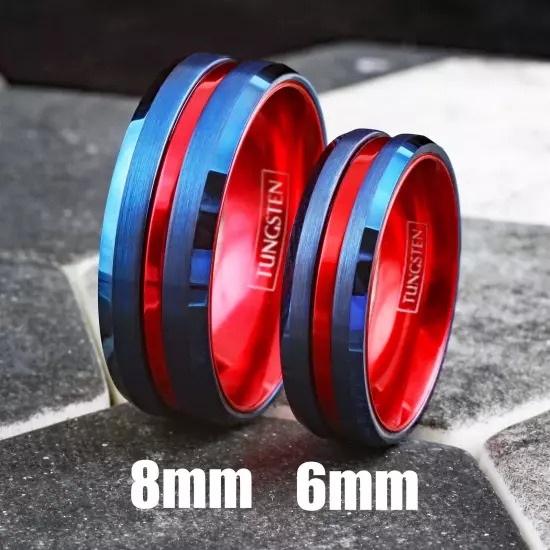 Blue Tungsten Carbide Men's Thin Red Line Wedding Band Ring - Superhero Colors