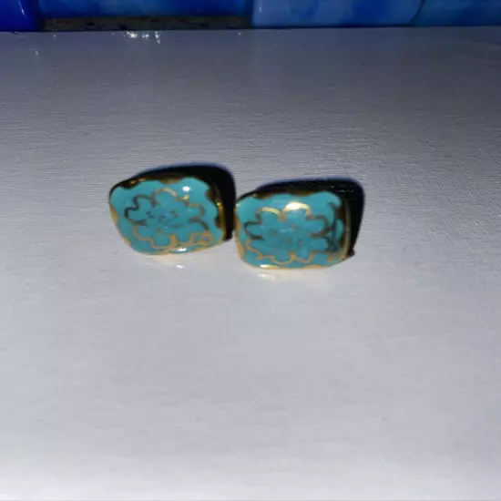 Simulated Vtg,: (1940's) Turquoise Earrings With Gold Foil Floral Pattern Unique