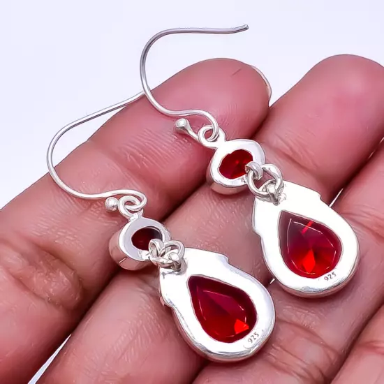 Red Garnet & Red Garnet Designer Handmade 925 Sterling Silver Earring 1.72" E34