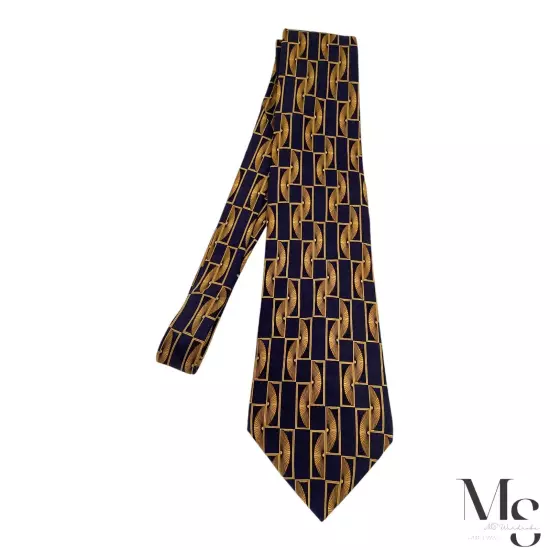 LANVIN PARIS Navy Blue & Gold Geometric Luxury Silk Tie Made In France W:4" NWT