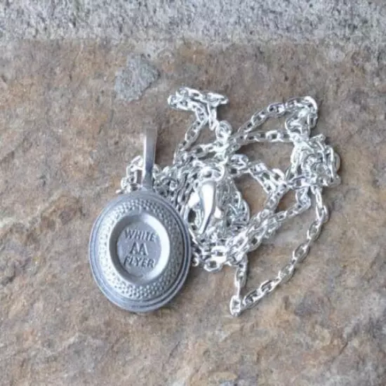 White Flyer Clay Pigeon Target Pewter Pendant with Silver Plate Chain