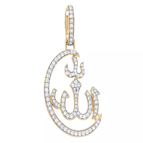 Allah 7/10 CT Real Diamond Arabic Pendant 1.4" 10K Yellow Gold